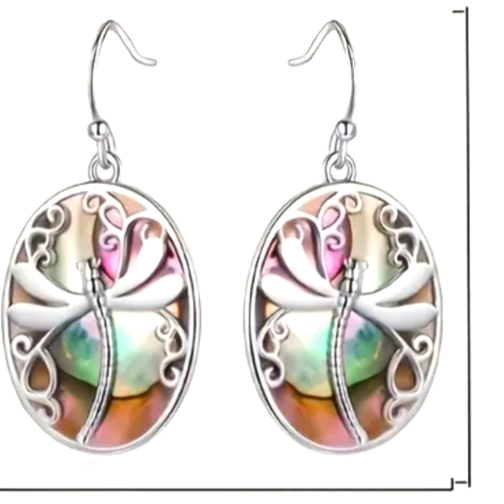 STERLING ABALONE DRAGONFLY DROP EARRINGS 1 1/2 in